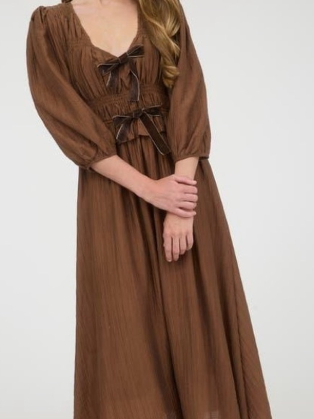 Brown Long-Sleeve Maxi Dress with Bow Details